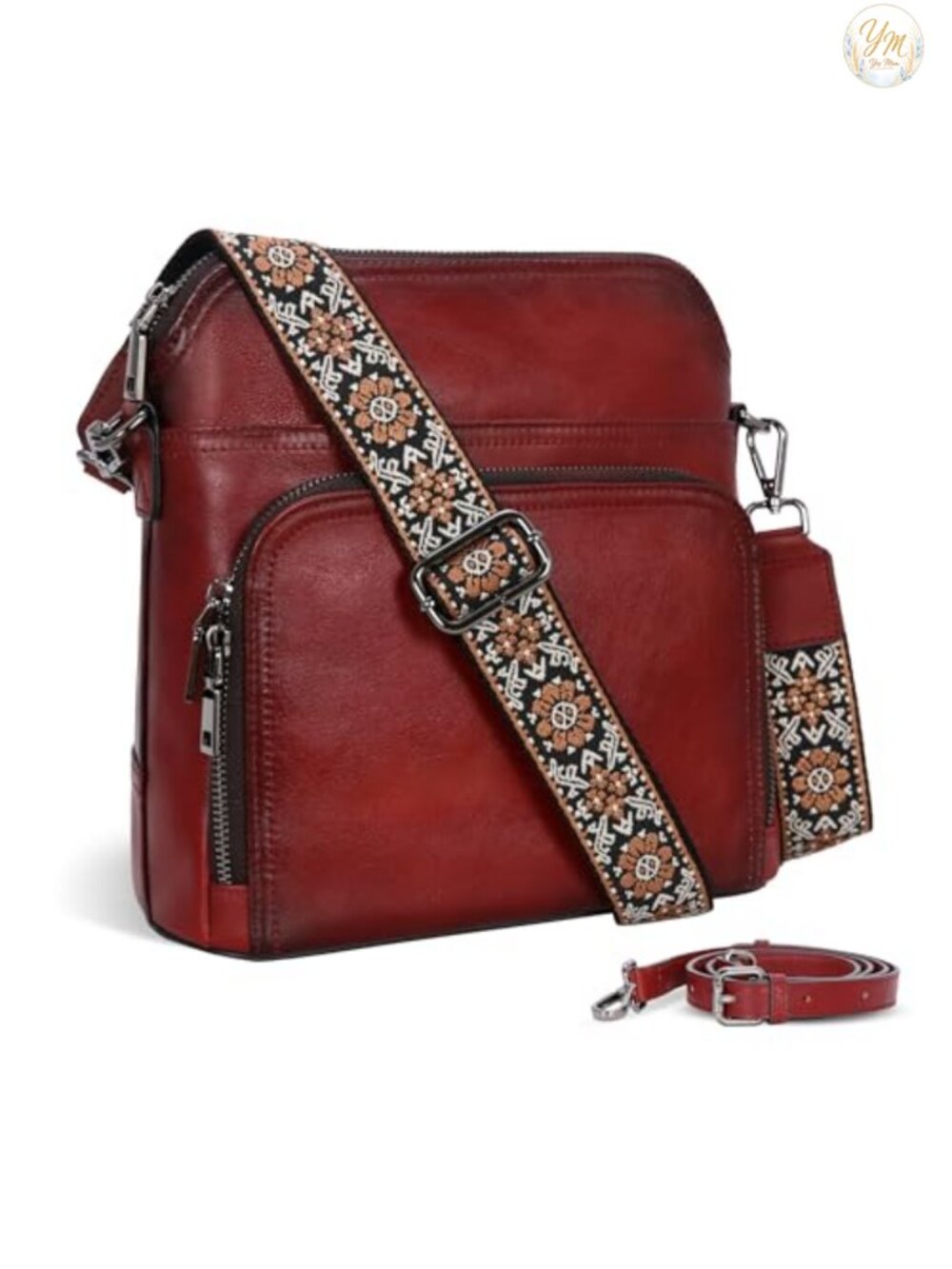 Genuine Leather Crossbody Bag Purse with Built in Wallet and Guitar Strap